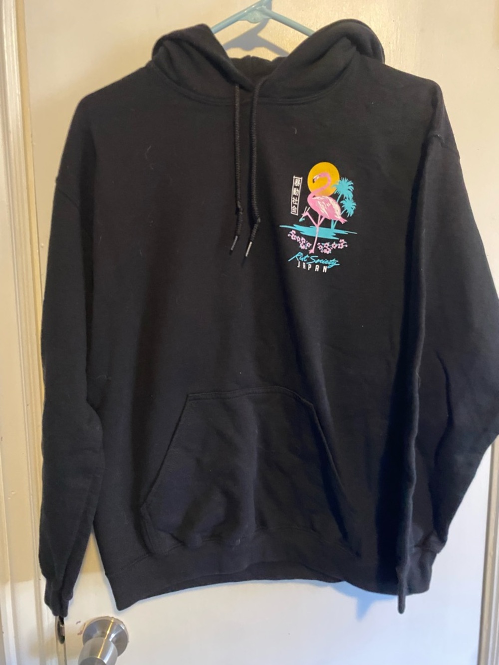 riot society Black Hoodie with Pink Flamingo & Yellow Sun Graphic